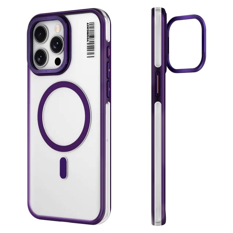 Apple iPhone 14 Pro Max Kılıf M-safe Şarj Özellikli Sararma Önleyici Youngkit Crystal Grid Kapak Mor