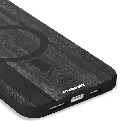 Apple iPhone 14 Pro Max Kılıf M-safe Şarj Özellikli Sararmaya Dayanıklı Youngkit Wood Forest Serisi Kapak Gri