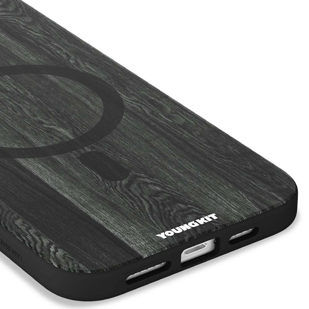 Apple iPhone 14 Pro Max Kılıf M-safe Şarj Özellikli Sararmaya Dayanıklı Youngkit Wood Forest Serisi Kapak Siyah