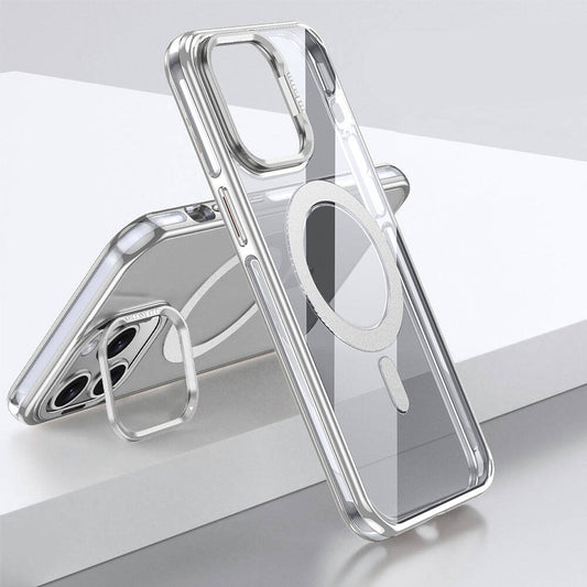 Apple iPhone 14 Pro Max Kılıf M-safe Şarj Özellikli Wlons Standlı Efsane Kapak Gümüş