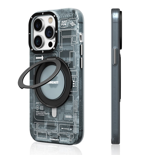 Apple iPhone 14 Pro Max Kılıf M-safe Şarj Özellikli Youngkit 360° Standlı Technology Serisi Kapak Mavi