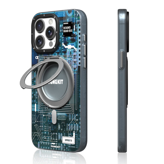 Apple iPhone 14 Pro Max Kılıf M-safe Şarj Özellikli Youngkit 360° Standlı Technology Serisi Kapak Mavi