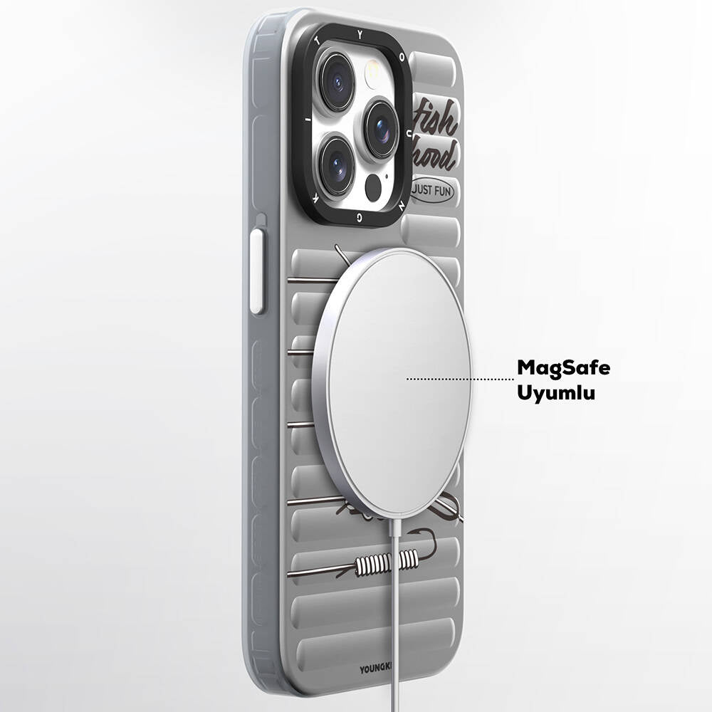 Apple iPhone 14 Pro Max Kılıf M-safe Şarj Özellikli Youngkit Fishing Serisi Kapak Gri
