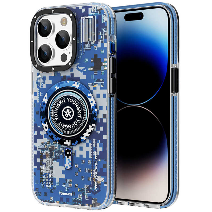 Apple iPhone 14 Pro Max Kılıf M-safe Şarj Özellikli YoungKit Kamuflaj Serisi Kapak Mavi
