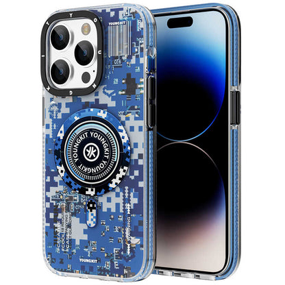 Apple iPhone 14 Pro Max Kılıf M-safe Şarj Özellikli YoungKit Kamuflaj Serisi Kapak Beyaz