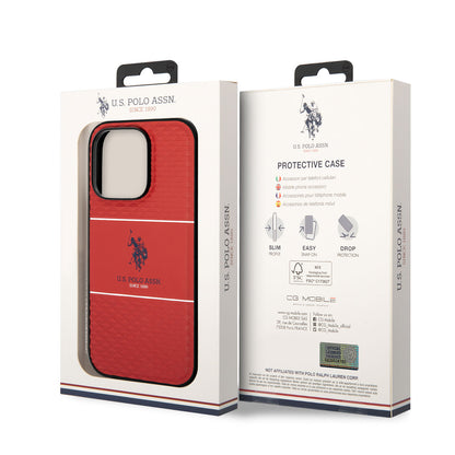 Apple iPhone 14 Pro Max Kılıf U.S. POLO ASSN. Deri Şeritli Logo Dizayn Kapak Kırmızı