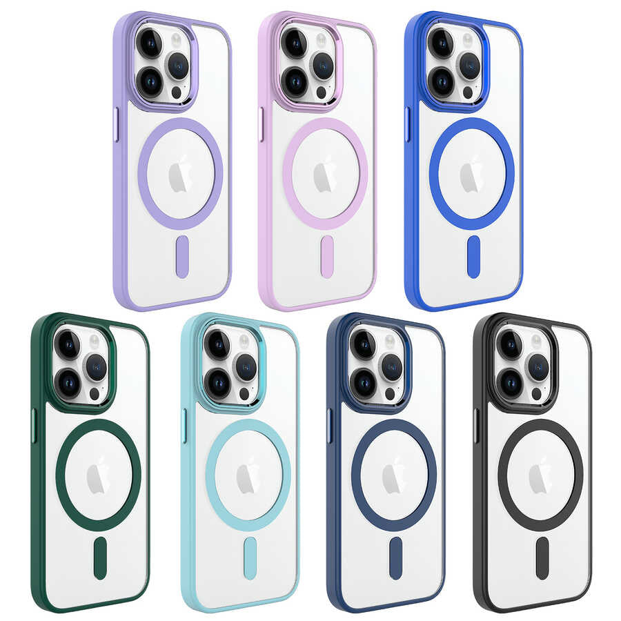 Apple iPhone 14 Pro Max Kılıf Wireless Şarj Özellikli Zore Krom M-safe Silikon Kapak Lila