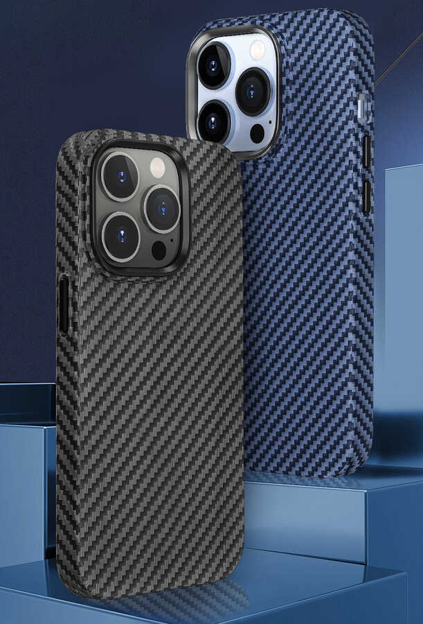 Apple iPhone 14 Pro Max Kılıf Wiwu Karbon Fiber Görünümlü M-safe Wireless Şarj Özellikli Kabon Kapak Siyah