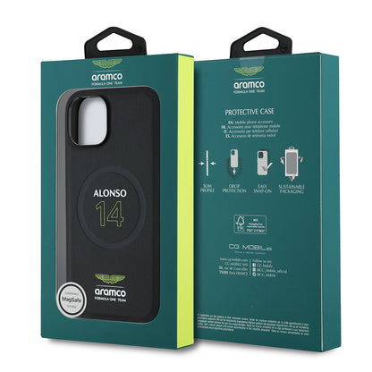 Apple iPhone 15 Kılıf Aston Martin Orjinal Lisanslı M-safe Şarj Özellikli PU Deri Alonso 14 Baskılı Kapak Siyah