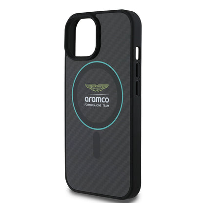 Apple iPhone 15 Kılıf Aston Martin Orjinal Lisanslı M-safe Şarj Özellikli Renkli Halka ve Karbon Fiber Tasarımlı Kapak Siyah-Yeşil