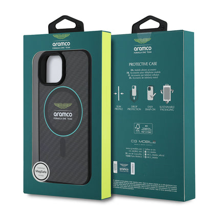 Apple iPhone 15 Kılıf Aston Martin Orjinal Lisanslı M-safe Şarj Özellikli Renkli Halka ve Karbon Fiber Tasarımlı Kapak Siyah-Yeşil