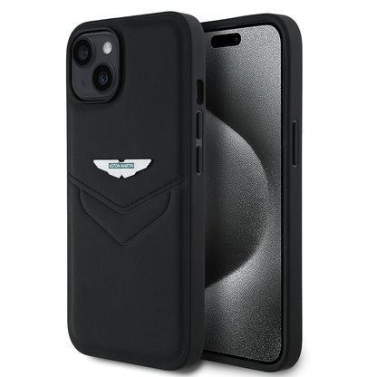 Apple iPhone 15 Kılıf Aston Martin Orjinal Lisanslı Victory Dizayn PU Deri Metal Logolu Kapak Siyah