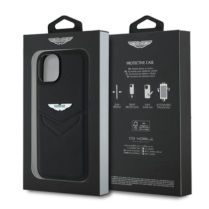 Apple iPhone 15 Kılıf Aston Martin Orjinal Lisanslı Victory Dizayn PU Deri Metal Logolu Kapak Siyah