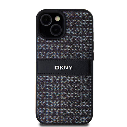 Apple iPhone 15 Kılıf DKNY Orjinal Lisanslı 3D Yazılı Repeat Texture Pattern Kapak Siyah