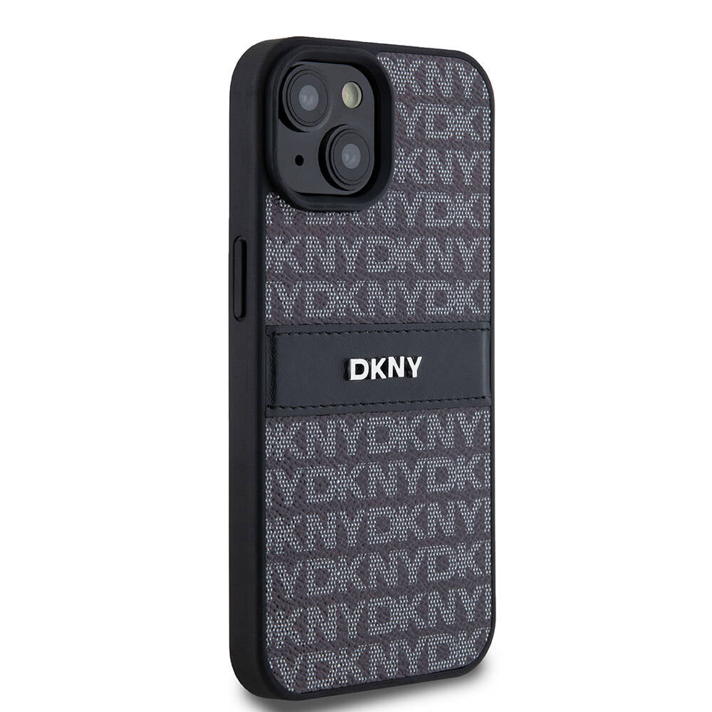 Apple iPhone 15 Kılıf DKNY Orjinal Lisanslı 3D Yazılı Repeat Texture Pattern Kapak Siyah