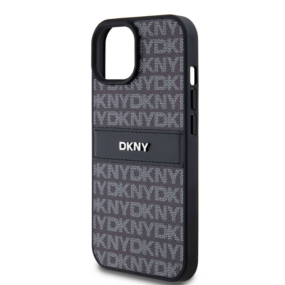 Apple iPhone 15 Kılıf DKNY Orjinal Lisanslı 3D Yazılı Repeat Texture Pattern Kapak Siyah