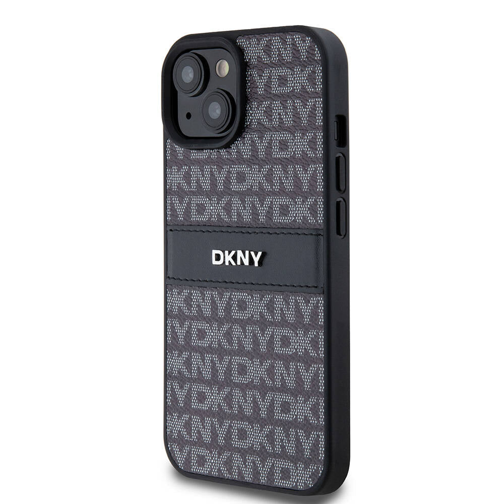 Apple iPhone 15 Kılıf DKNY Orjinal Lisanslı 3D Yazılı Repeat Texture Pattern Kapak Siyah