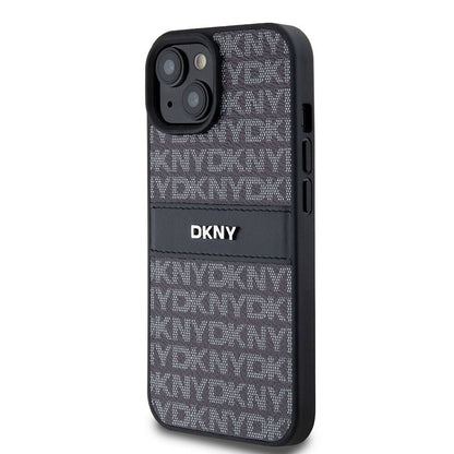 Apple iPhone 15 Kılıf DKNY Orjinal Lisanslı 3D Yazılı Repeat Texture Pattern Kapak Siyah