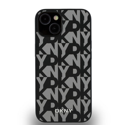Apple iPhone 15 Kılıf DKNY Orjinal Lisanslı M-safe Şarj Özellikli 3D Yazılı Grid Pattern Kapak Gri