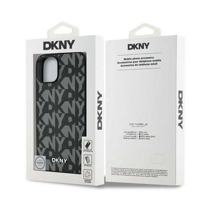 Apple iPhone 15 Kılıf DKNY Orjinal Lisanslı M-safe Şarj Özellikli 3D Yazılı Grid Pattern Kapak Gri