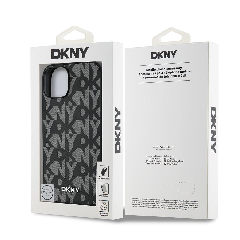 Apple iPhone 15 Kılıf DKNY Orjinal Lisanslı M-safe Şarj Özellikli 3D Yazılı Grid Pattern Kapak Kahverengi