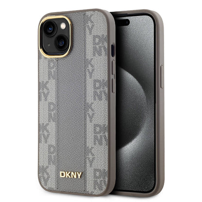 Apple iPhone 15 Kılıf DKNY Orjinal Lisanslı M-safe Şarj Özellikli 3D Yazılı Checkered Pattern Kapak Siyah