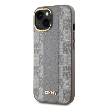 Apple iPhone 15 Kılıf DKNY Orjinal Lisanslı M-safe Şarj Özellikli 3D Yazılı Checkered Pattern Kapak Krem
