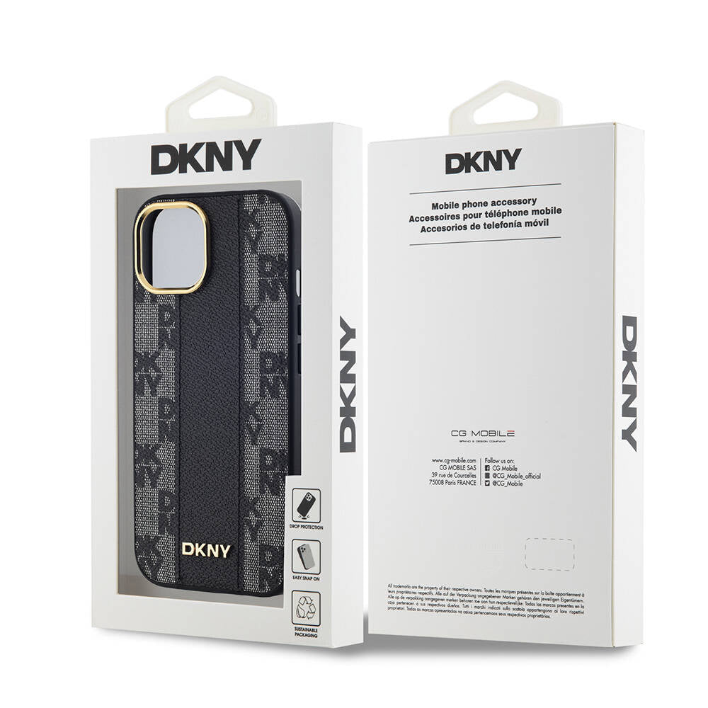Apple iPhone 15 Kılıf DKNY Orjinal Lisanslı M-safe Şarj Özellikli 3D Yazılı Checkered Pattern Kapak Siyah