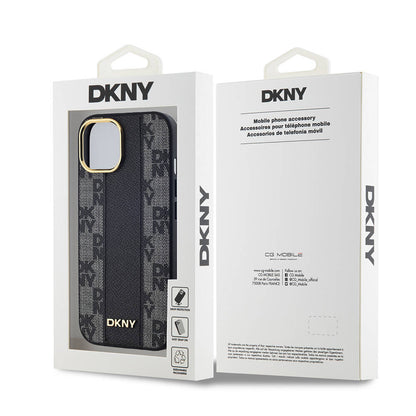 Apple iPhone 15 Kılıf DKNY Orjinal Lisanslı M-safe Şarj Özellikli 3D Yazılı Checkered Pattern Kapak Siyah