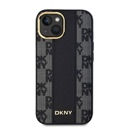 Apple iPhone 15 Kılıf DKNY Orjinal Lisanslı M-safe Şarj Özellikli 3D Yazılı Checkered Pattern Kapak Siyah