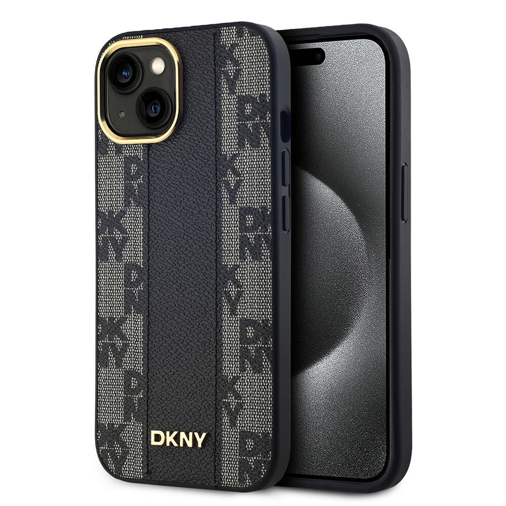 Apple iPhone 15 Kılıf DKNY Orjinal Lisanslı M-safe Şarj Özellikli 3D Yazılı Checkered Pattern Kapak Siyah