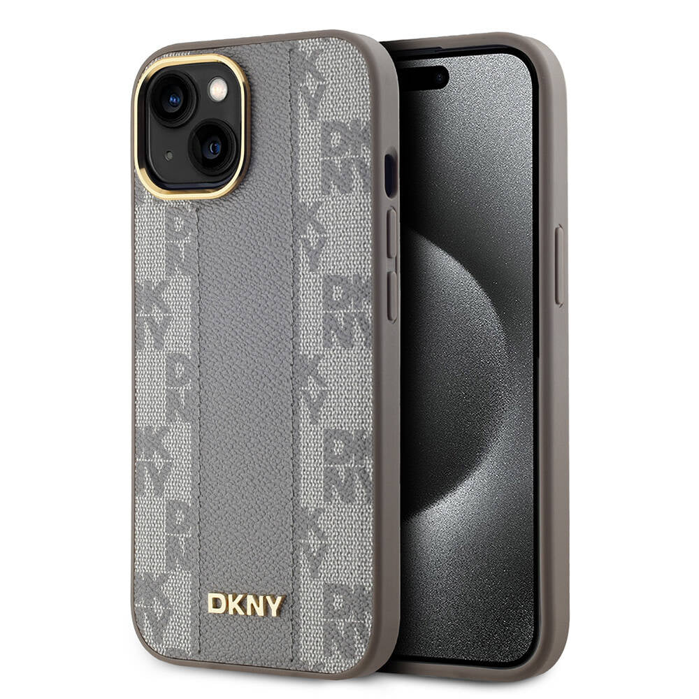 Apple iPhone 15 Kılıf DKNY Orjinal Lisanslı M-safe Şarj Özellikli 3D Yazılı Checkered Pattern Kapak Krem