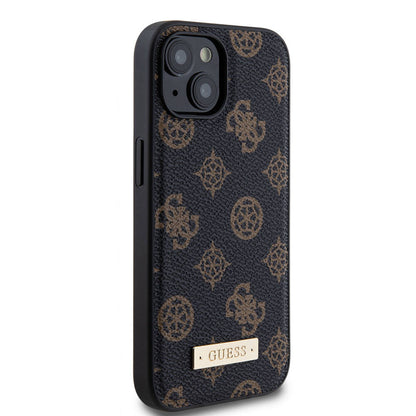 Apple iPhone 15 Kılıf Guess M-safe Şarj Özellikli PU Deri Desenli Metal Plaka Logolu Kapak Siyah