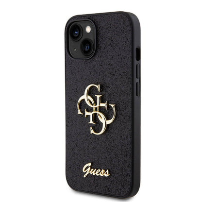 Apple iPhone 15 Kılıf Guess Orjinal Lisanslı 4G Büyük Metal Logolu Glitter Kapak Gold
