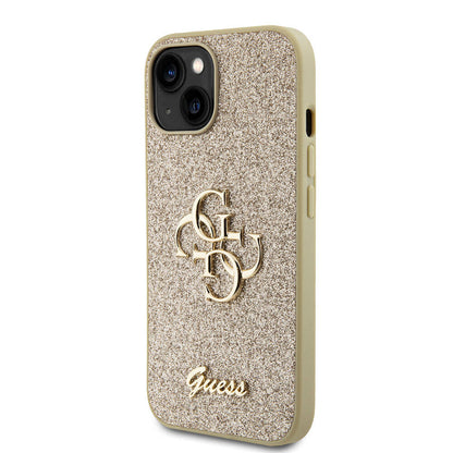 Apple iPhone 15 Kılıf Guess Orjinal Lisanslı 4G Büyük Metal Logolu Glitter Kapak Gold