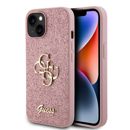 Apple iPhone 15 Kılıf Guess Orjinal Lisanslı 4G Büyük Metal Logolu Glitter Kapak Pembe
