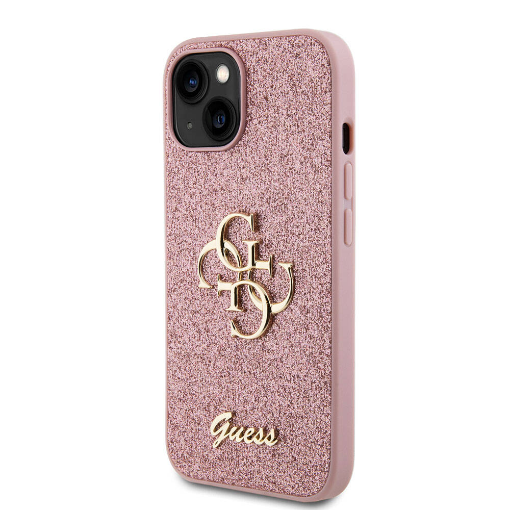 Apple iPhone 15 Kılıf Guess Orjinal Lisanslı 4G Büyük Metal Logolu Glitter Kapak Pembe
