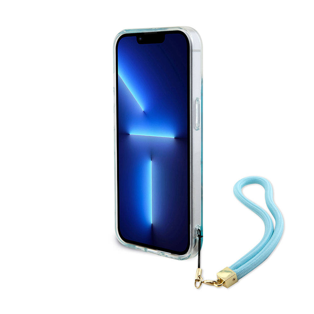 Apple iPhone 15 Kılıf Guess Orjinal Lisanslı Desenli Yazı Logolu Askı İpli Holografik Glitter Peony Kapak Mor