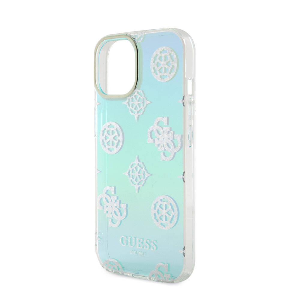 Apple iPhone 15 Kılıf Guess Orjinal Lisanslı Desenli Yazı Logolu Askı İpli Holografik Glitter Peony Kapak Mor