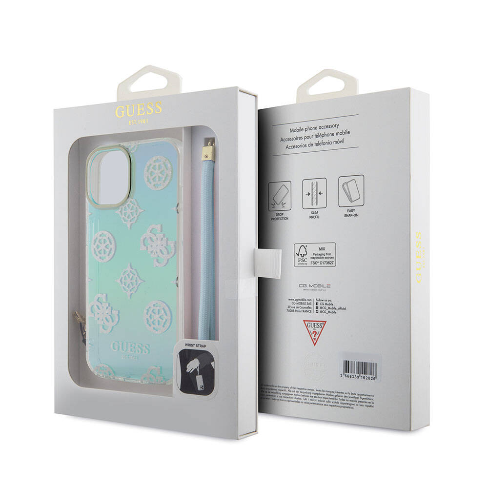 Apple iPhone 15 Kılıf Guess Orjinal Lisanslı Desenli Yazı Logolu Askı İpli Holografik Glitter Peony Kapak Mor