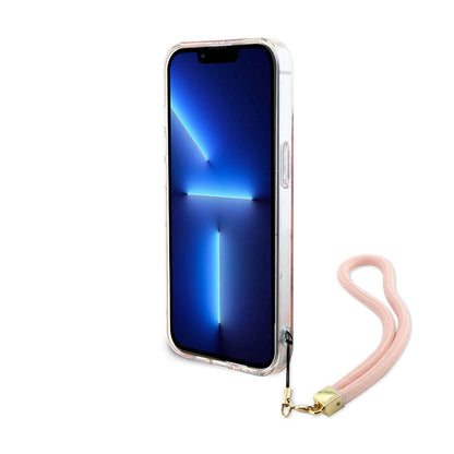 Apple iPhone 15 Kılıf Guess Orjinal Lisanslı Desenli Yazı Logolu Askı İpli Holografik Glitter Peony Kapak Siyah