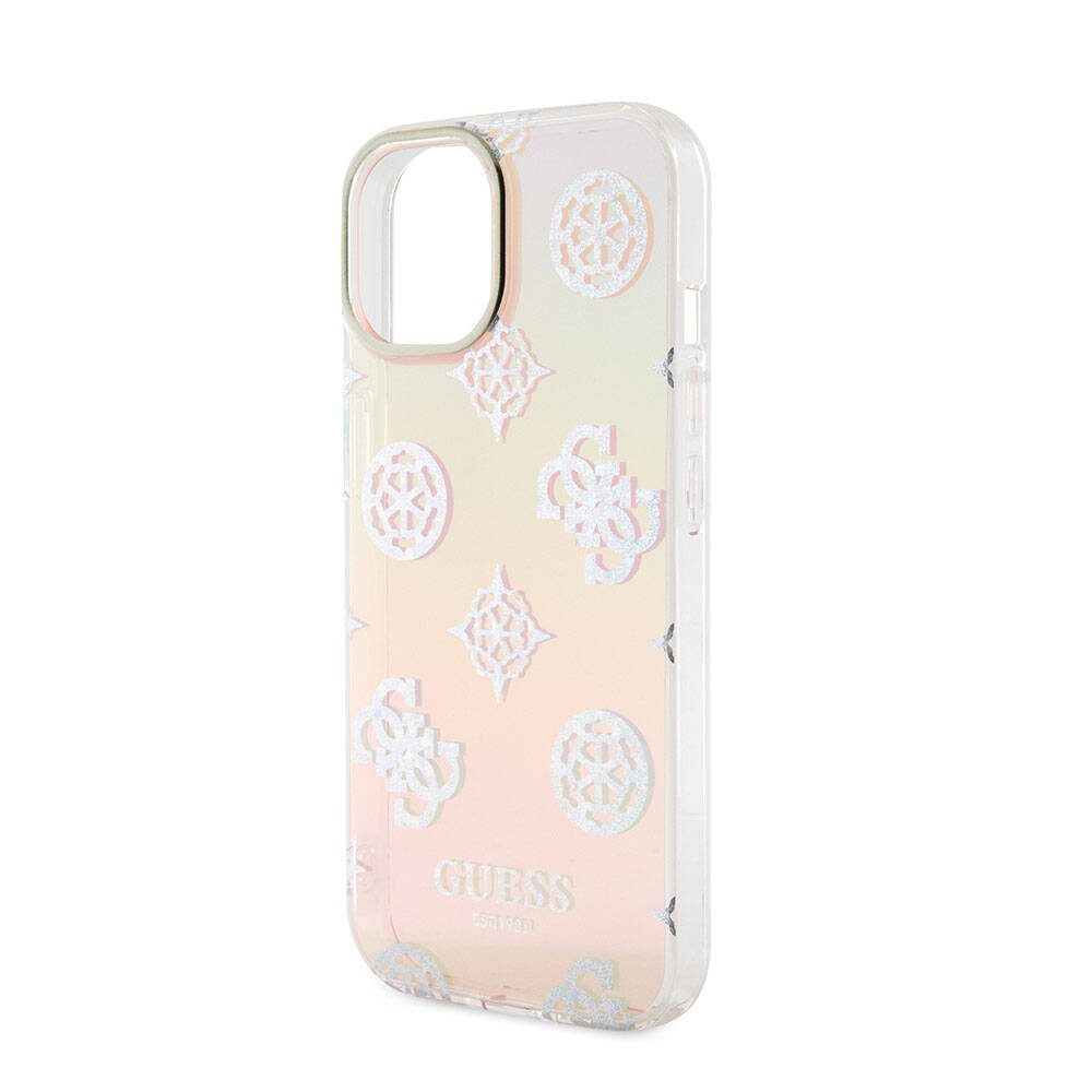 Apple iPhone 15 Kılıf Guess Orjinal Lisanslı Desenli Yazı Logolu Askı İpli Holografik Glitter Peony Kapak Turkuaz