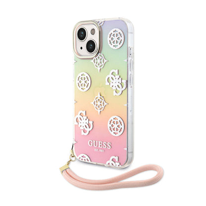 Apple iPhone 15 Kılıf Guess Orjinal Lisanslı Desenli Yazı Logolu Askı İpli Holografik Glitter Peony Kapak