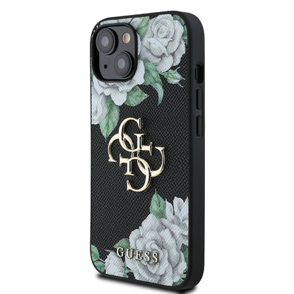 Apple iPhone 15 Kılıf Guess Orjinal Lisanslı Gül Baskılı Büyük Metal Logo Dizaynlı Kapak Siyah