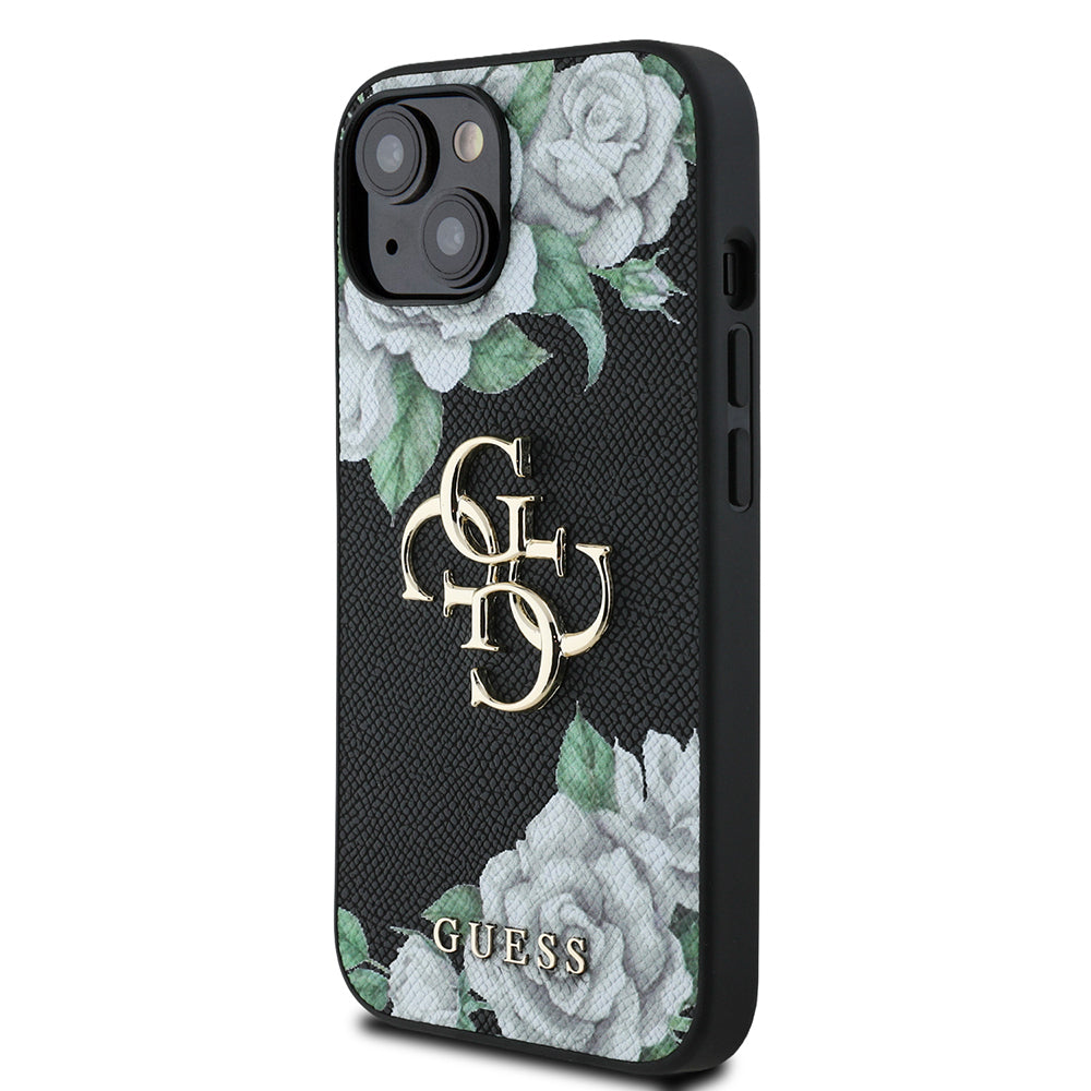 Apple iPhone 15 Kılıf Guess Orjinal Lisanslı Gül Baskılı Büyük Metal Logo Dizaynlı Kapak Pembe