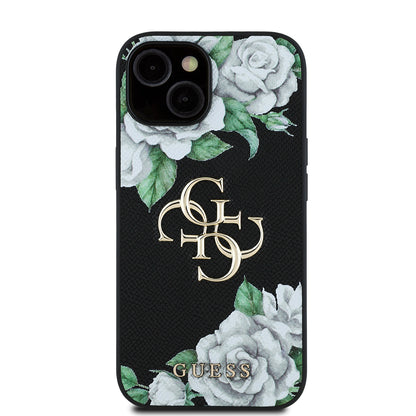Apple iPhone 15 Kılıf Guess Orjinal Lisanslı Gül Baskılı Büyük Metal Logo Dizaynlı Kapak Pembe