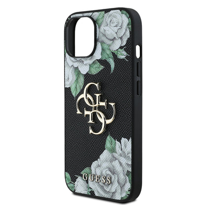 Apple iPhone 15 Kılıf Guess Orjinal Lisanslı Gül Baskılı Büyük Metal Logo Dizaynlı Kapak Siyah