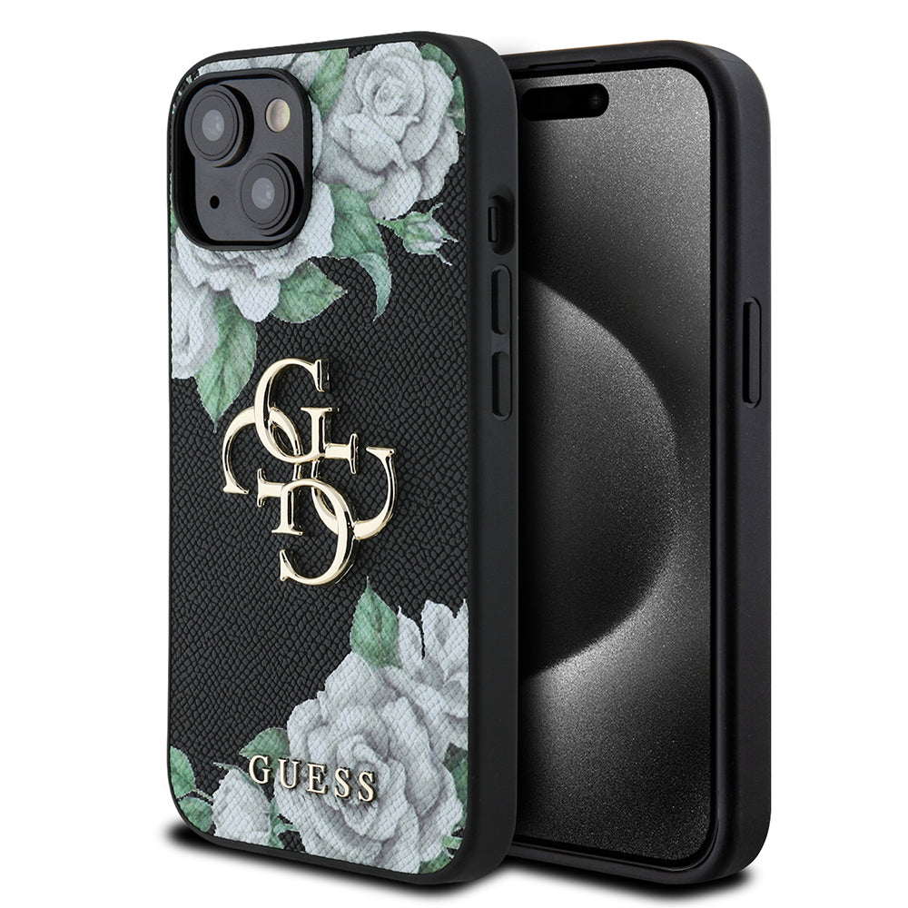 Apple iPhone 15 Kılıf Guess Orjinal Lisanslı Gül Baskılı Büyük Metal Logo Dizaynlı Kapak Siyah