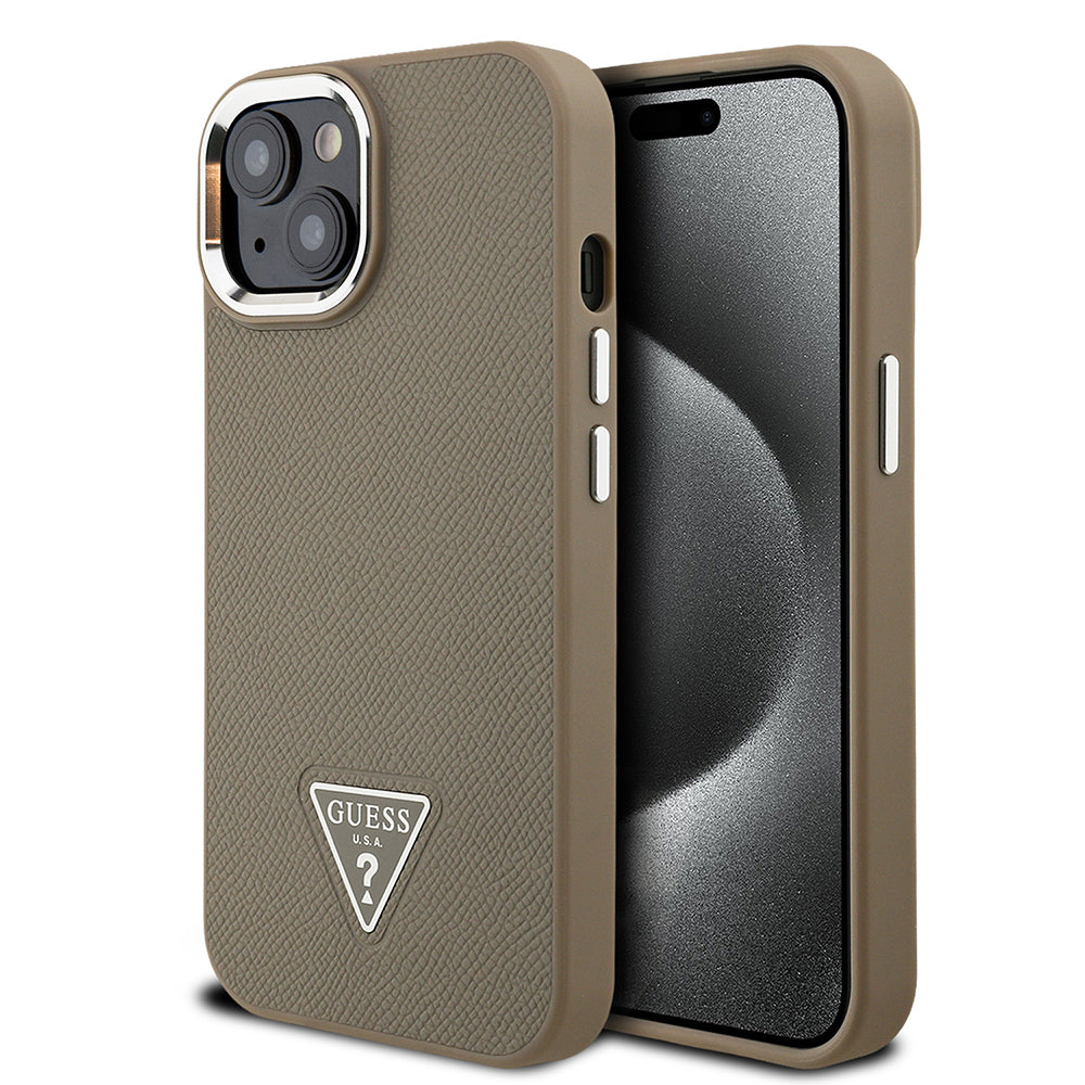 Apple iPhone 15 Kılıf Guess Orjinal Lisanslı M-safe Şarj Özellikli Grained Triangle Kapak Siyah