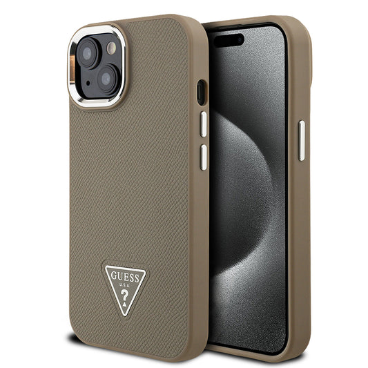 Apple iPhone 15 Kılıf Guess Orjinal Lisanslı M-safe Şarj Özellikli Grained Triangle Kapak Siyah